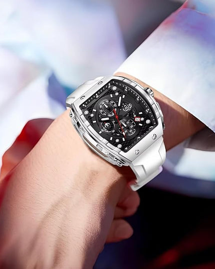 Mens Watches,Unique Rectangular Quartz Analog Watch,Outdoor Sports Multi-Function Watch,Chronograph/Waterproof/Luminous/Calendar,Durable Silicone Strap Mens Casual Watches