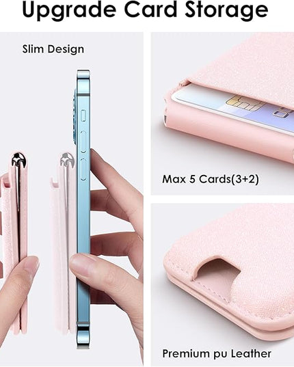 CreaDream Magnetic Wallet, Magnetic Card Wallet Holder with RFID for iPhones, Adjustable Stand with 5 Card Holder for iPhone 17/16/15/14/13/12 Series, Not for iPhone Mini, Sparkle Pink