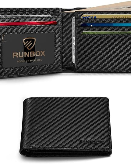RUNBOX Wallet for Men Bifold RFID Blocking Wallets with 2 ID Window 14 Card Holders 1 cash pocket 1 Gift Box