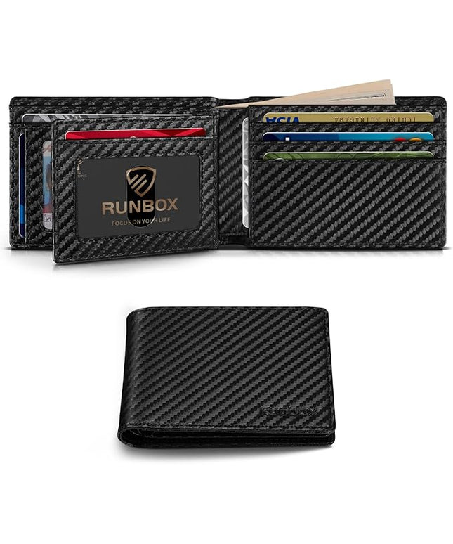 RUNBOX Wallet for Men Bifold RFID Blocking Wallets with 2 ID Window 14 Card Holders 1 cash pocket 1 Gift Box