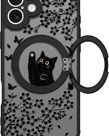 Cute Case for iPhone 16 Plus Case with Stand [ Compatible with MagSafe ] Kawaii Black Cat & Floral & Butterflies Pattern Design 360 Magnetic Ring Kickstand Phone Cover for Women Girls Boys