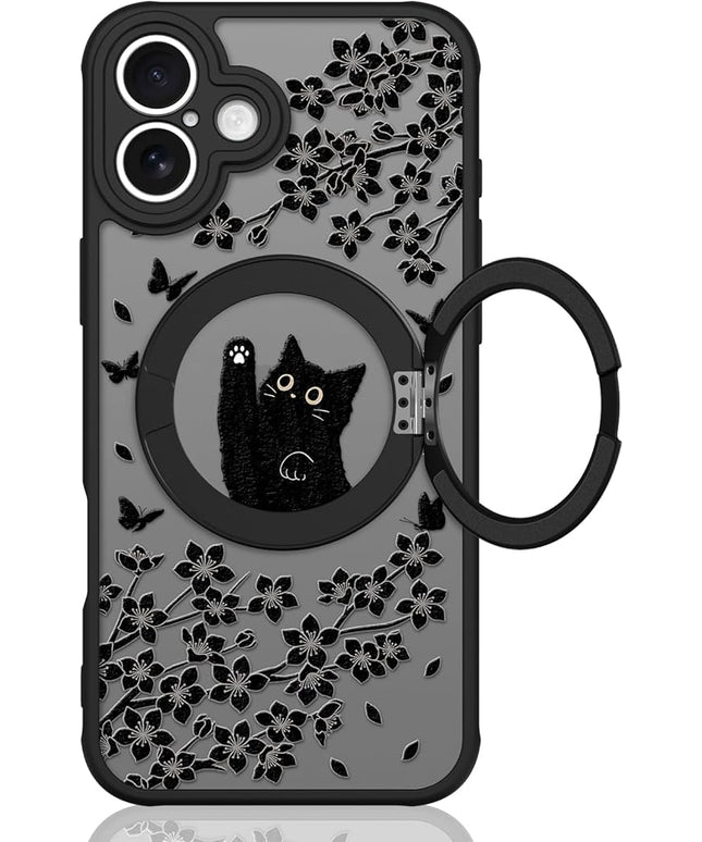 Cute Case for iPhone 16 Case with Stand [ Compatible with MagSafe ] Kawaii Black Cat & Floral & Butterflies Pattern Design 360 Magnetic Ring Kickstand Phone Cover for Women Girls Boys