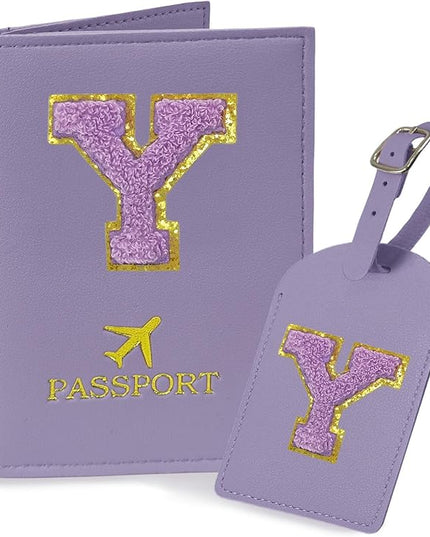 COSHAYSOO Initial Passport Cover Luggage Tag Set Letter Passport Holder Airplane Cruise Travel Essentials Vacation Traveling Accessories Personalized Gifts for Women Teen College Girls Purple Y
