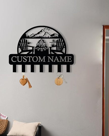 Personalized Campfire Design Metal Key Holder for Wall, Metal Wall Mount Custom Name Hooks, Cabin Key Hooks, Camp Area Key Hanger Decor, Key Rack for Farmhouse, Key Organizer for Living Room, Entryway