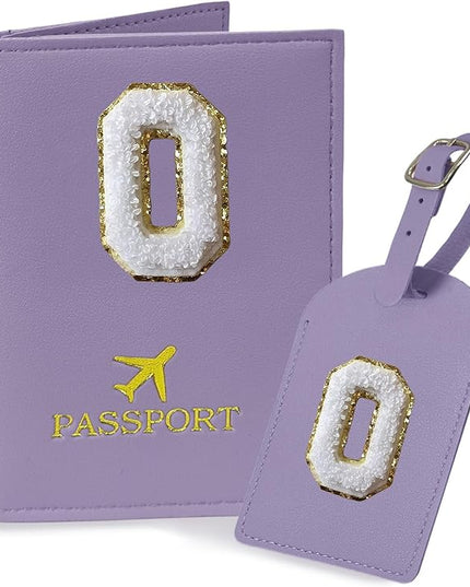 COSHAYSOO Purple Passport Cover and Luggage Tag Set TSA Approved with Her Initial Chenille Letter Patch, Trendy Traveling Bag Backpack Suitcase Identifier Christmas Gifts for Women Girls (O)