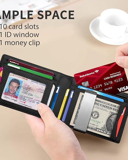 RUNBOX Slim Money Clip Wallets for Men RFID Blocking 11 Card Holder Minimalist Small Leather Bifold Men's Front Pocket Wallet Gift Box