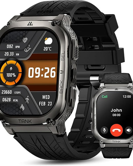 AMAZTIM Smart Watch, 60 Days Extra-Long Battery, 50M Waterproof, Rugged Military Bluetooth Call(Answer/Dial Calls), 2.0" Ultra Large HD Display, AI Voice Assistant (Shiny Black)