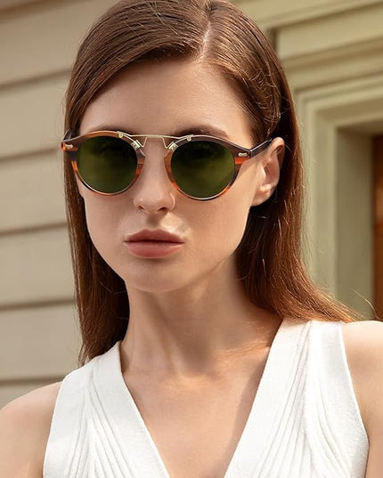 CARFIA Small Face Acetate Polarized Sunglasses for Women UV Protection, Retro Double Bridge Eyewears Metal Brow Round Sunnies