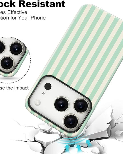 Magnetic for iPhone 17 Pro Max Case Cute Stripes Phone Case, Shockproof Slim TPU and Hard PC Protective Phone Cover Compatible with MagSafe Designed for Women Girls, Light Green
