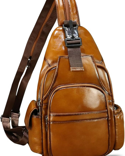 Genuine Leather Sling Bag for Men and Women Handmade Sling Backpack Purse Chest Over Shoulder Crossbody Bag Large Capacity (Brown)