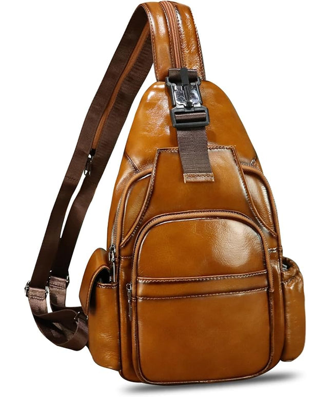 Genuine Leather Sling Bag for Men and Women Handmade Sling Backpack Purse Chest Over Shoulder Crossbody Bag Large Capacity (Brown)