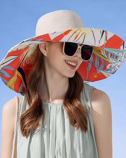 HUAMULAN Women Summer Sun Hat Wide Brim Wired Edge Floral Beach Bucket Hats Reversible Foldable Travel UV Protection Lady Hat