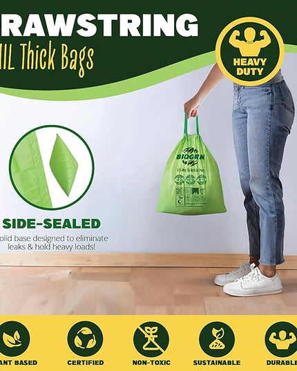 2.6-3 Gallon Compostable Trash Bags Drawstring 50 Bags Extra Thick 1 Mil 11.36 Liter Small Biodegradable Trash Bags for Kitchen Countertop Bin ASTM D6400, US BPI and OK Compost Home Certified