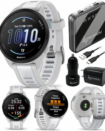 Wearable4U - Garmin Forerunner 165 Running Smartwatch, Colorful AMOLED Touchscreen, Training Metrics and Recovery Insights Includes PowerPack and Adapters Bundle, Mist Gray/Whitestone