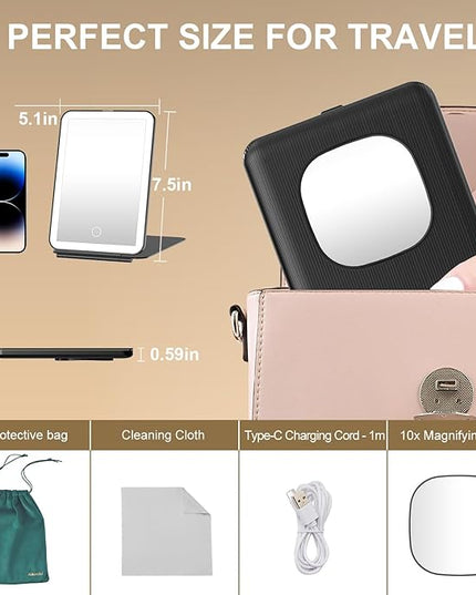 Mocado LED Foldable Travel Makeup Mirror - 5x7 inches 3 Colors Light Modes USB Rechargeable Touch Screen, Portable Tabletop Cosmetic Mirror for Travel, Cosmetic, Office (Black)