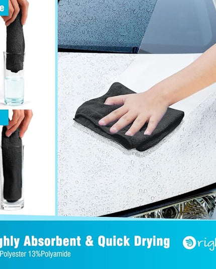 Orighty Microfiber Cleaning Cloth, 12 Pack Microfiber Towels for Cars, Highly Absorbent Car Cleaning Supplies, Lint Free Cloths Clean Rags for Car Care, House, Kitchen, 12x12 inch, Black