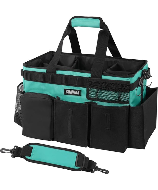 Wearable Cleaning Caddy Bag, Cleaning Caddy Supplies Organizer with Handle & Shoulder Straps for Housekeepers, Under Sink & Car Cleaning Tool Organizers with 4 Foldable Divider (Lake Blue)