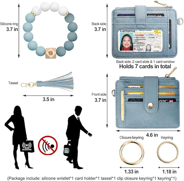 COOLANS Silicone Bracelet Wristlet Wallet Credit Card Holder RFID,ID Window,Key Ring Tassel,Slim Wallet Women Keychain Purse