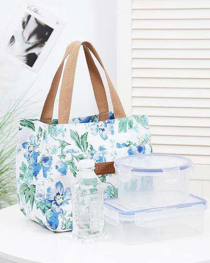 Dreubea Women's Floral Print Canvas Tote Bag - Small Reusable Shopping Handbag for Groceries, Takeout, Eco-Friendly Purse