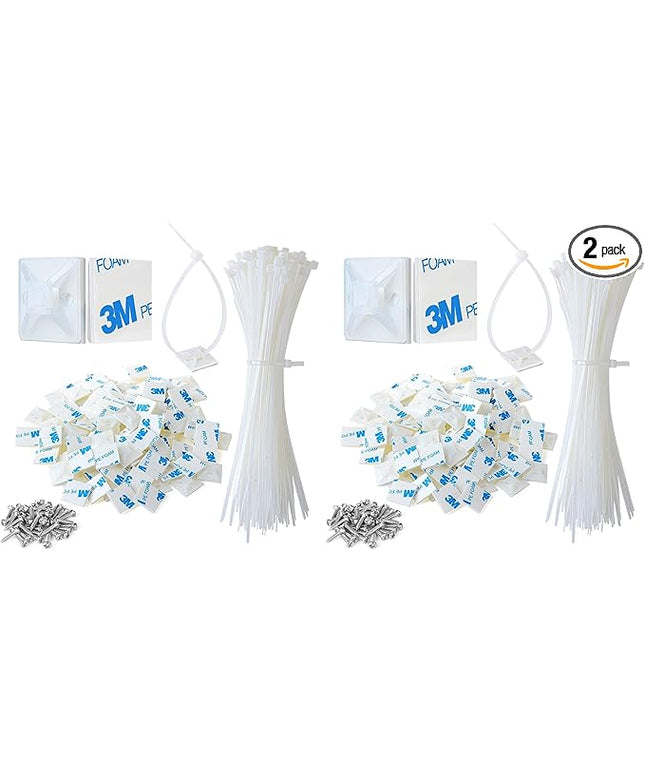 3/4" 3M Back-Glue Self Adhesive White Strong Cable Zip Tie Mounts 100pcs with 8" Ties, Screws, Outdoor Sticky Wire Fasteners Cable Clips Management Anchors Organizer Holders Squares (Pack of 2)
