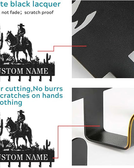 LOWACOS Personalized Key Holder for Wall, Custom Metal Cowboy Key Hooks with Name, Meta Jacket Holder Hooks Organizer Rack, Jacket Hanger Decor for Kitchen, Entryway, Hallway, Office, Doorway