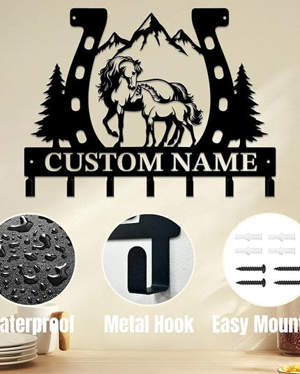 Personalized Custom Name Farm Horse Wall Key Hooks,Metal Horse Art Clothes Hooks,Metal Horse Wall Home Storage Decorative,For Front Door, Hallway, Kitchen, Bedroom,Keys,Hats (Style D)