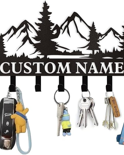 Dyoart Personalized Custom Mountain Theme Key Holder with Name, Metal Wall Mount, Coat Rack, Key Hooks, Home Decor Gift