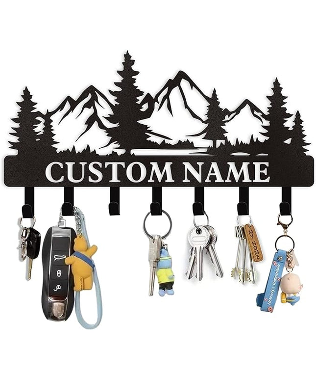 Dyoart Personalized Custom Mountain Theme Key Holder with Name, Metal Wall Mount, Coat Rack, Key Hooks, Home Decor Gift