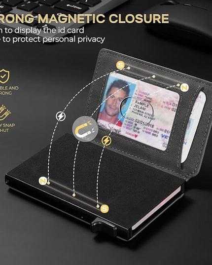 RUNBOX Slim Card Wallet for Men with ID Window – Minimalist RFID Wallet, Pop-Up Function, Ultra Thin Design, Metal Business Card Case Holds 8+ Cards, Gifts for Men, Men's Accessories