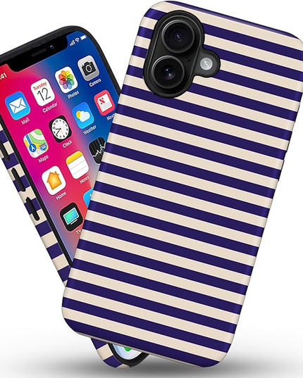 Magnetic for iPhone 16 Case Cute Stripes Phone Case, Shockproof Slim TPU and Hard PC Protective Phone Cover Compatible with MagSafe Designed for Women Girls, Blue&Apricot