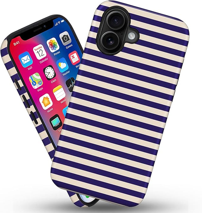 Magnetic for iPhone 17 Case Cute Stripes Phone Case, Shockproof Slim TPU and Hard PC Protective Phone Cover Compatible with MagSafe Designed for Women Girls, Blue&Apricot