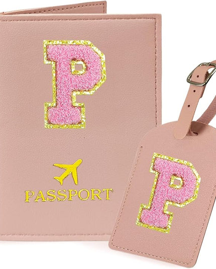 COSHAYSOO Initial Passport Cover Luggage Tag Set Letter Passport Holder Airplane Cruise Travel Essentials Vacation Traveling Accessories Personalized Gifts for Women Teen College Girls Pink P