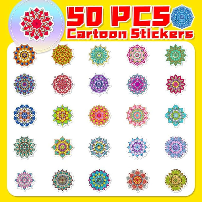 Colorful Mandala Vinyl Stickers, 50 PCS Waterproof Intricate Datura Pattern Decals for Laptops, Scrapbooking, Journals, Notebooks, Water Bottles, Suitcases, Phones & DIY Decor