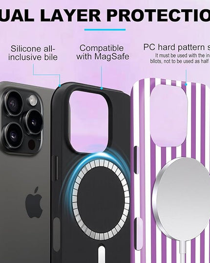 Magnetic for iPhone 13/14 Case Cute Stripes Phone Case, Shockproof Slim TPU and Hard PC Protective Phone Cover Compatible with MagSafe Designed for Women Girls, Purple