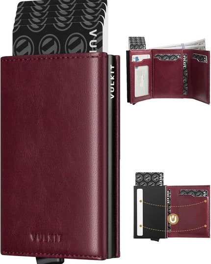 VULKIT Pop up Card Wallet Minimalist Cash Wallets RFID Blocking Leather Smart Credit Card Holder with ID window for Men (Wine)
