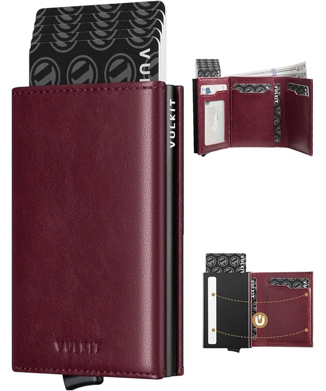 VULKIT Pop up Card Wallet Minimalist Cash Wallets RFID Blocking Leather Smart Credit Card Holder with ID window for Men (Wine)