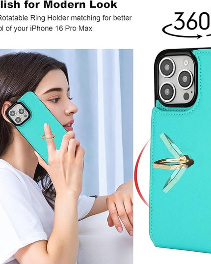 Folosu Compatible with iPhone 16 Pro Max Case Wallet with Card Holder, 360°Rotation Finger Ring Holder Kickstand, RFID Blocking Leather Protective Double Buttons Shockproof Cover 6.9 Inch Mint Green