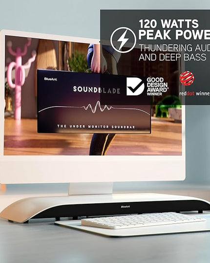 BlueAnt Soundblade Under-Monitor Soundbar, 120W 2.1 Channel Desktop Speaker with USB-C & Bluetooth 5.3 for PC, Mac, Gaming, Music and Streaming, White