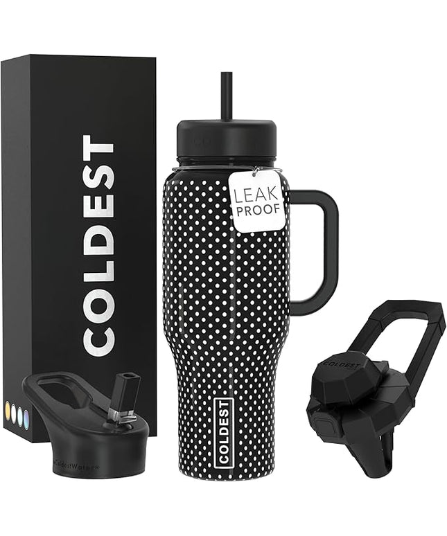 Coldest Tumbler with Handle and Straw - 100% Spill Proof Tumbler with Straw (3 Lids) - Stainless Steel Insulated Leakproof Tumblers for Women & Men - 36 oz (Black Dress)