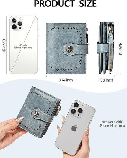TFKGS Small RFID Blocking Wallet for Women - Leather Slim Bifold Compact Credit Card Holder With ID Window and Zipper Coin Pocket - Blue Birthday