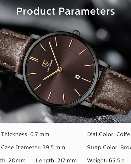 L LAVAREDO Watch for Men, Extremely Thin Mens Watches Minimalist Analog Men's Leather Wrist Watches with Time/Date, Birthday Gift for Men Boyfriend