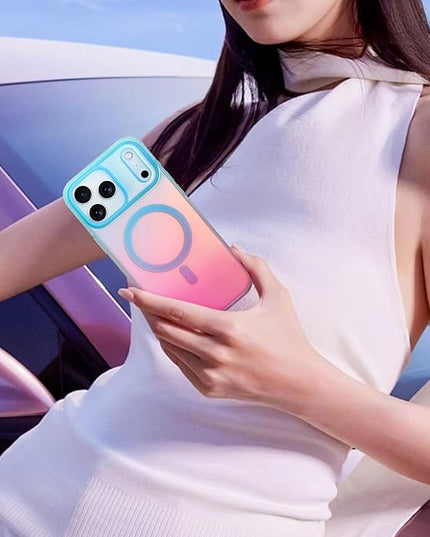 Aesthetic Case for iPhone 17 Pro Case for Women Girls [Compatible with Magsafe] Cute Girly Trendy Glitter Sparkly Rainbow Magnetic Protective Phone Cover, Matte Iridescent Blue & Pink