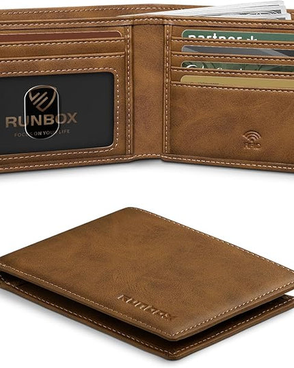 RUNBOX Wallet for Men Slim Leather Bifold RFID Blocking Minimalist Front Pocket Design with Gift Box
