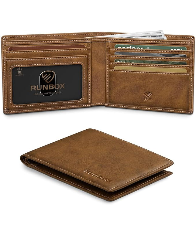 RUNBOX Wallet for Men Slim Leather Bifold RFID Blocking Minimalist Front Pocket Design with Gift Box