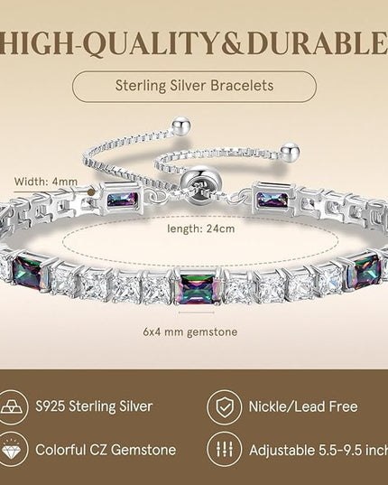 FANCIME Birthstone Bracelet for Women, Sterling Silver 4x6mm Gemstone Tennis Bracelet Bolo Adjustable Chain Fine Jewelry Birthday Gifts for Women Mom Wife Her