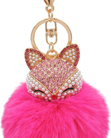 Faux Rabbit Fur Ball Pom Pom Keychain with Fox Head Studded with pearl Rhinestone for Womens Bag Car Key Decoration