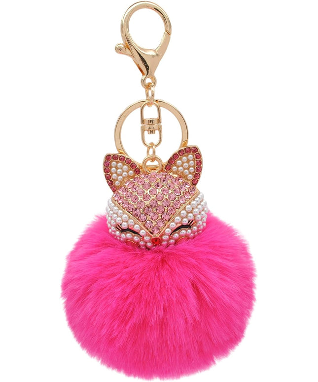 Faux Rabbit Fur Ball Pom Pom Keychain with Fox Head Studded with pearl Rhinestone for Womens Bag Car Key Decoration
