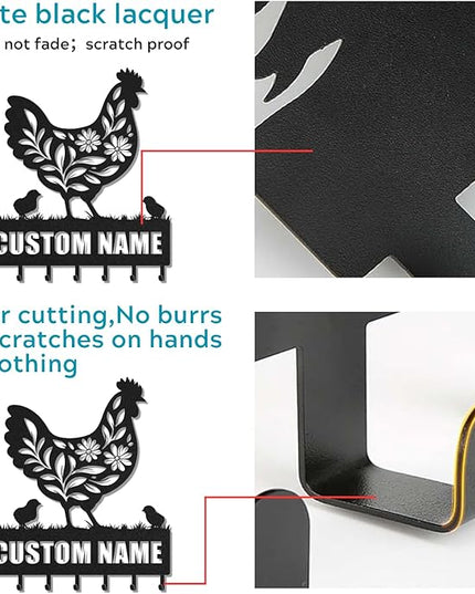 LOWACOS Personalized Key Holder for Wall, Custom Metal Chicken Key Hooks with Name, Meta Jacket Holder Hooks Organizer Rack, Jacket Hanger Decor for Kitchen, Entryway, Hallway, Office, Doorway