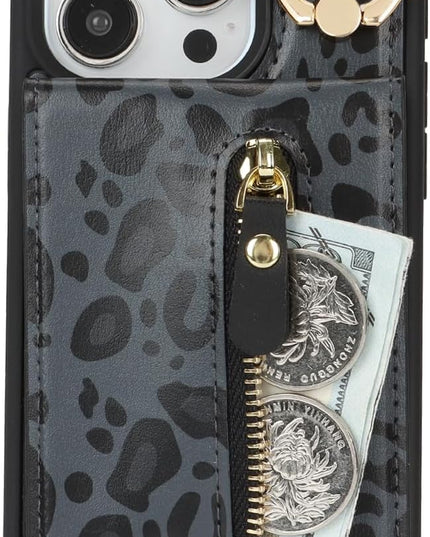 for iPhone 15 Pro Wallet Case with Card Holder, for iPhone 15 Pro Case Wallet with Strap Credit Card Slot, Crossbody Bag with Zipper Case for iPhone15 Pro - Black Leopard