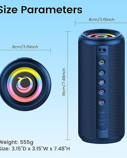 Portable Bluetooth Speaker, 2026 Bluetooth 5.4 Wireless Speaker with 20W HD Loud Stereo Sound, 20H Playtime, LED Lights, IP7, TWS Pairing, Built-in Mic, for Outdoor, Home, Beach, Party, Gift, Blue